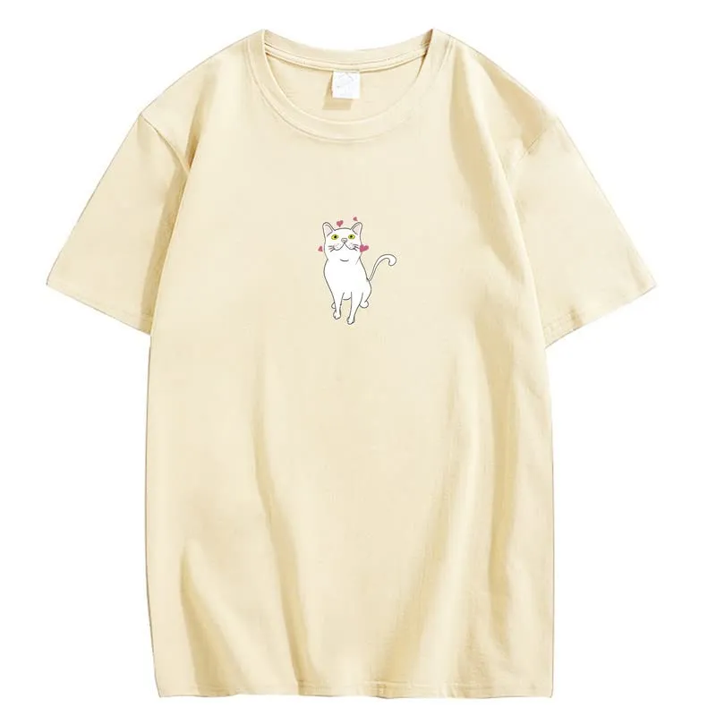 CORIRESHA Cute Heart Cat T-Shirt Girl Kawaii Clothing Animal Lovers