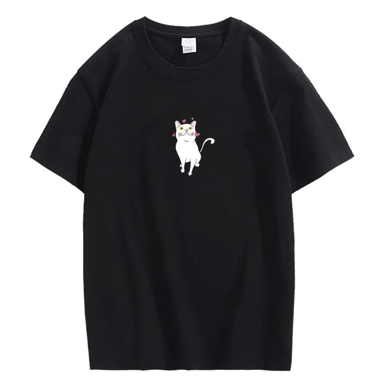 CORIRESHA Cute Heart Cat T-Shirt Girl Kawaii Clothing Animal Lovers