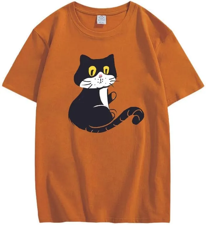 CORIRESHA Teen Cat T-Shirt Round Neck Short Sleeves Loose Soft Cozy Cute Tops