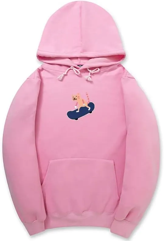 CORIRESHA Teen Cute Cartoon Cat Sweatshirt Casual Drawstring Skateboard Soft Cotton Hoodie