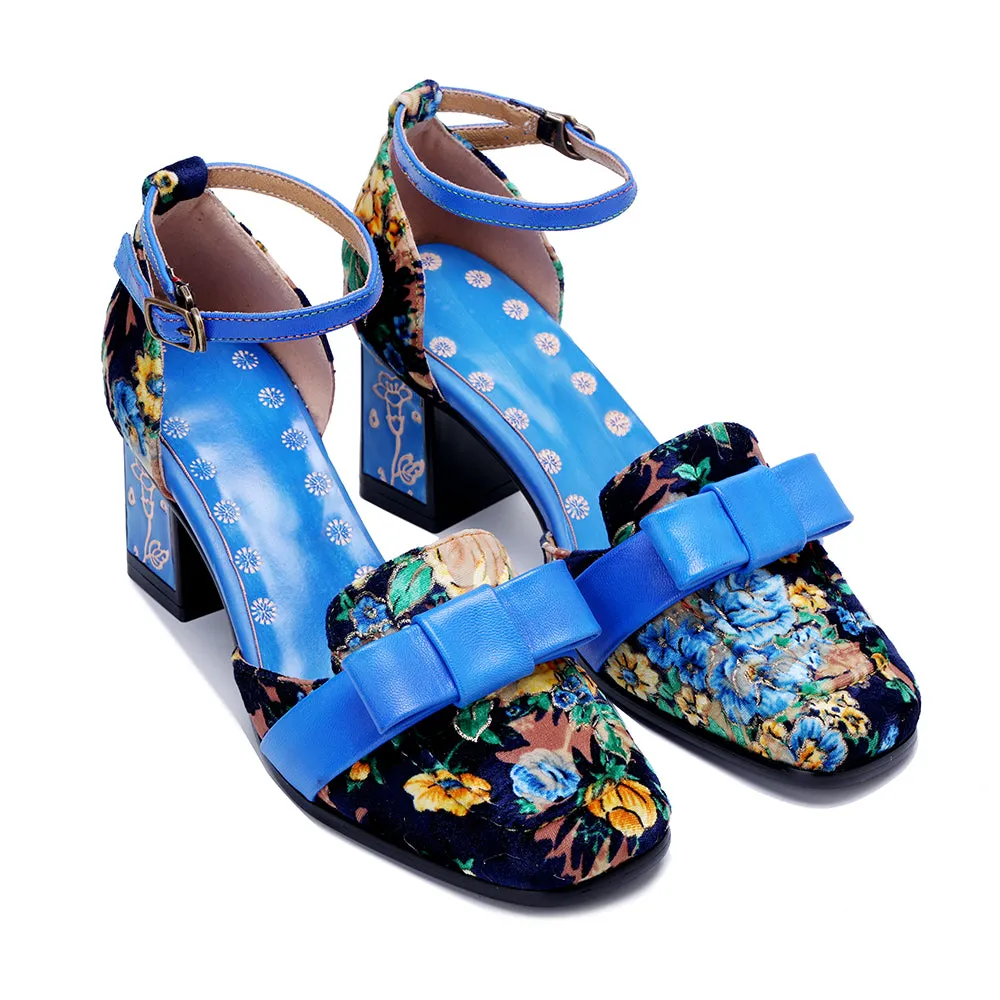 CrazycatZ Women's Leather Mary Jane Shoes Sandals Colorful Summer Shoes with Bow Block Heels pumps Blue