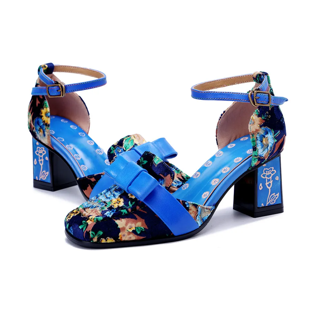 CrazycatZ Women's Leather Mary Jane Shoes Sandals Colorful Summer Shoes with Bow Block Heels pumps Blue