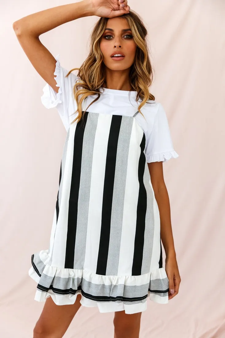 Daley Double-Frill Hem Shift Dress Stripe Print Black