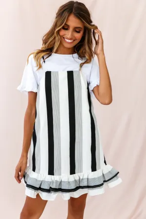 Daley Double-Frill Hem Shift Dress Stripe Print Black