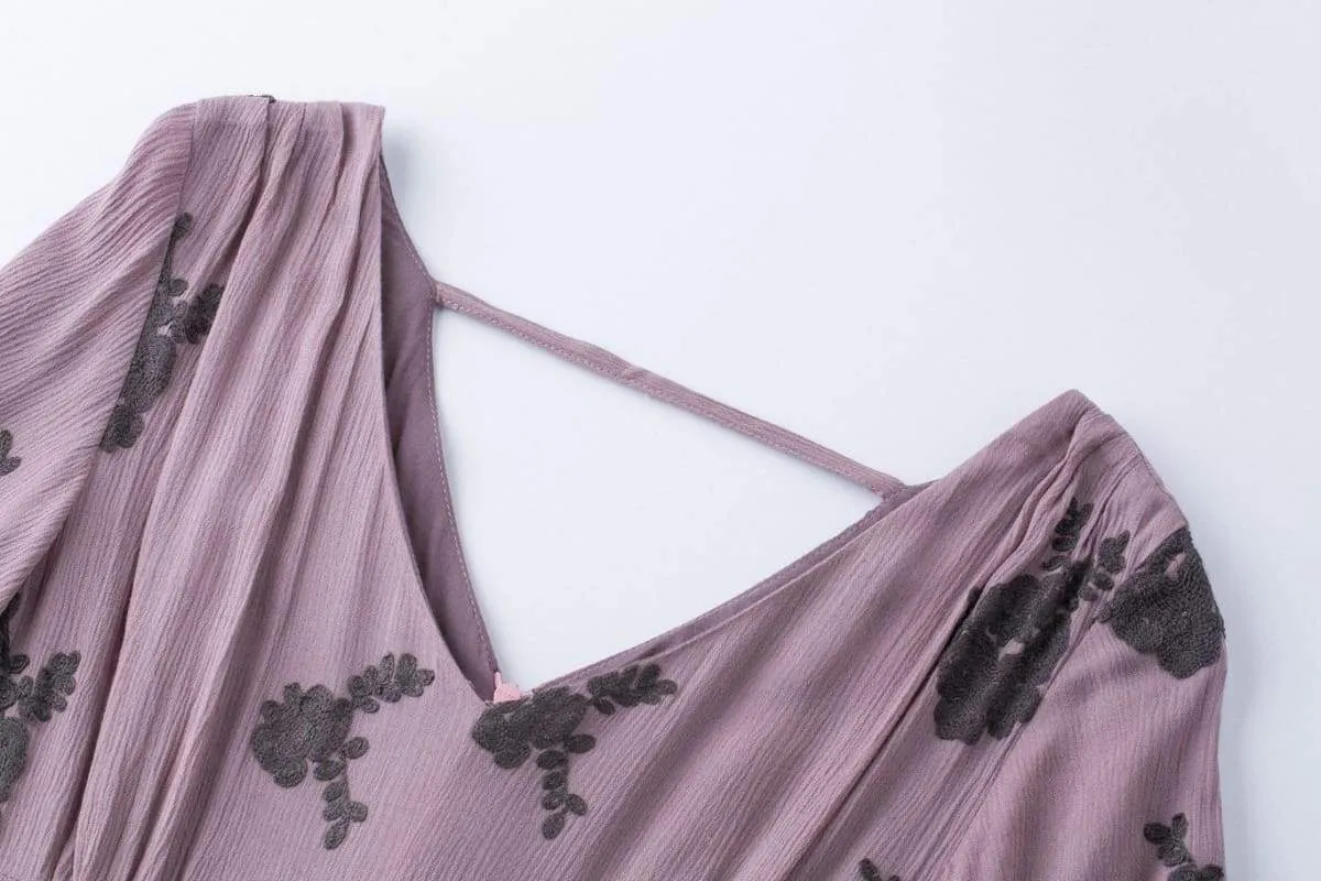 Dark Lavender Lace Embroidery V Neck Vintage Swing Dress