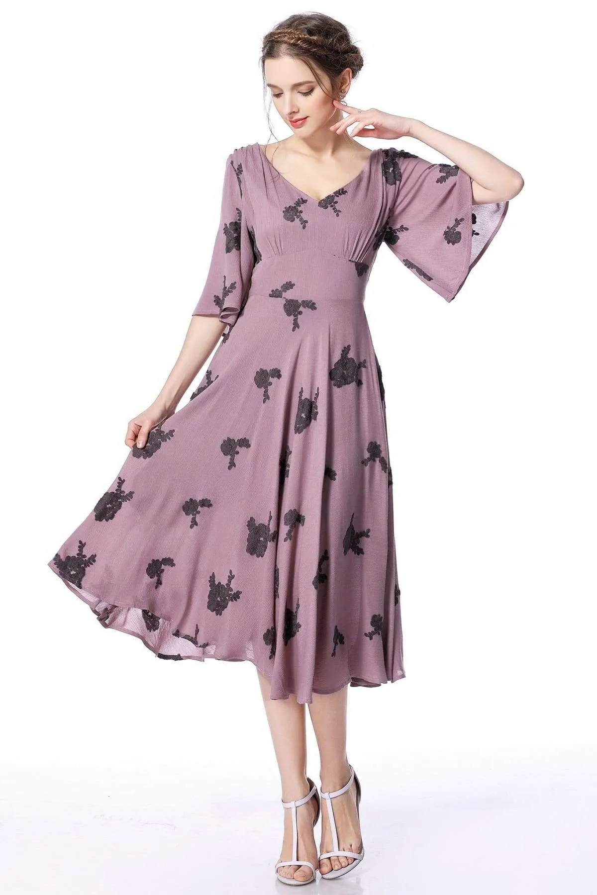 Dark Lavender Lace Embroidery V Neck Vintage Swing Dress