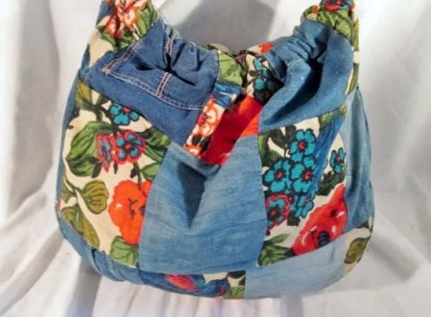 DENIM PATCHWORK Hippie Festival Loop Hoop Handle Vegan Bag Denim BLUE FLORAL Tote