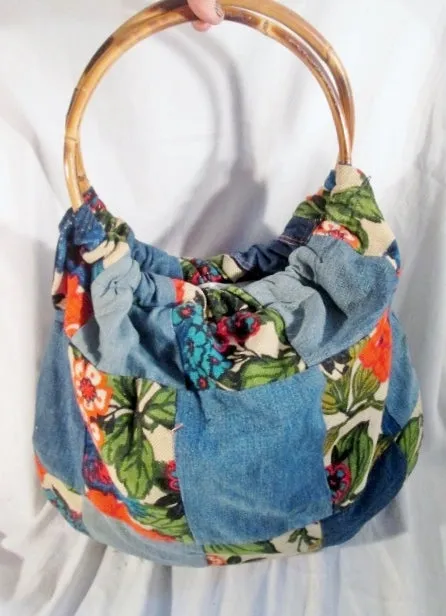 DENIM PATCHWORK Hippie Festival Loop Hoop Handle Vegan Bag Denim BLUE FLORAL Tote