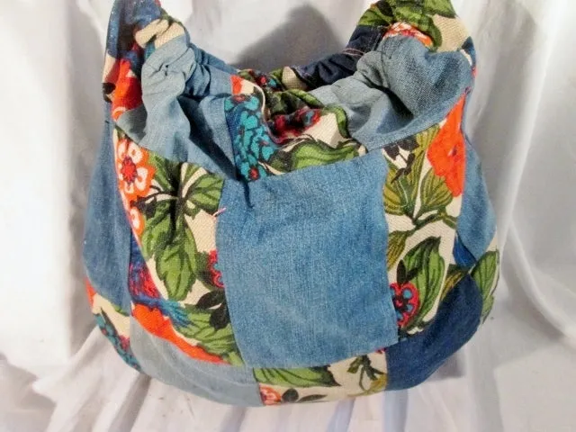 DENIM PATCHWORK Hippie Festival Loop Hoop Handle Vegan Bag Denim BLUE FLORAL Tote