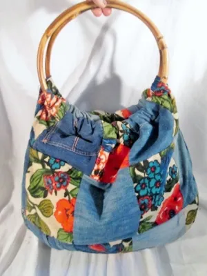 DENIM PATCHWORK Hippie Festival Loop Hoop Handle Vegan Bag Denim BLUE FLORAL Tote