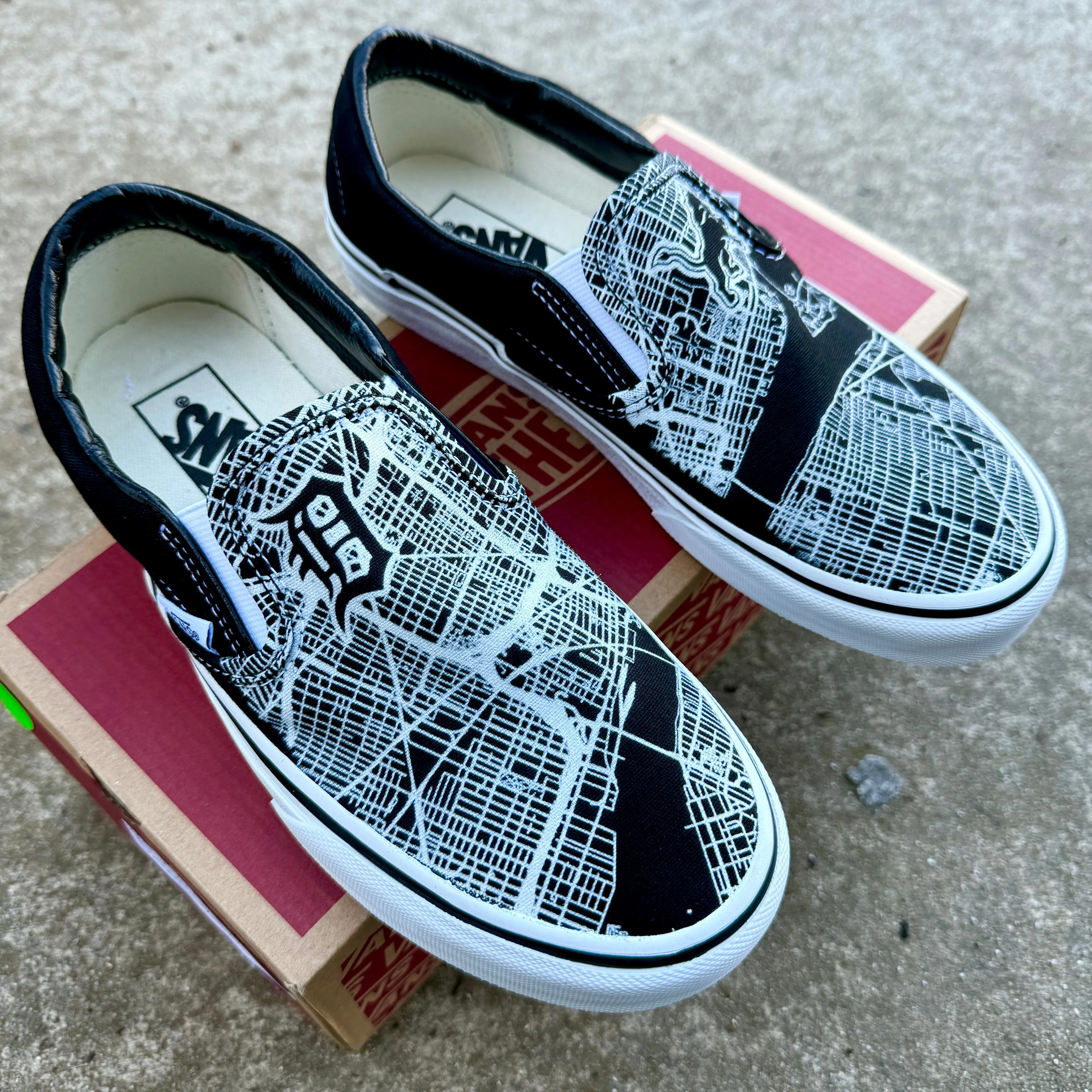 Detroit Inspired Black Vans Slip On Shoes - Custom Vans Shoes for Men and Women