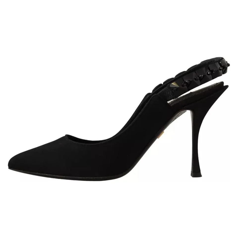 Dolce & Gabbana Black Embellished Heels Slingback Charmeuse Shoes