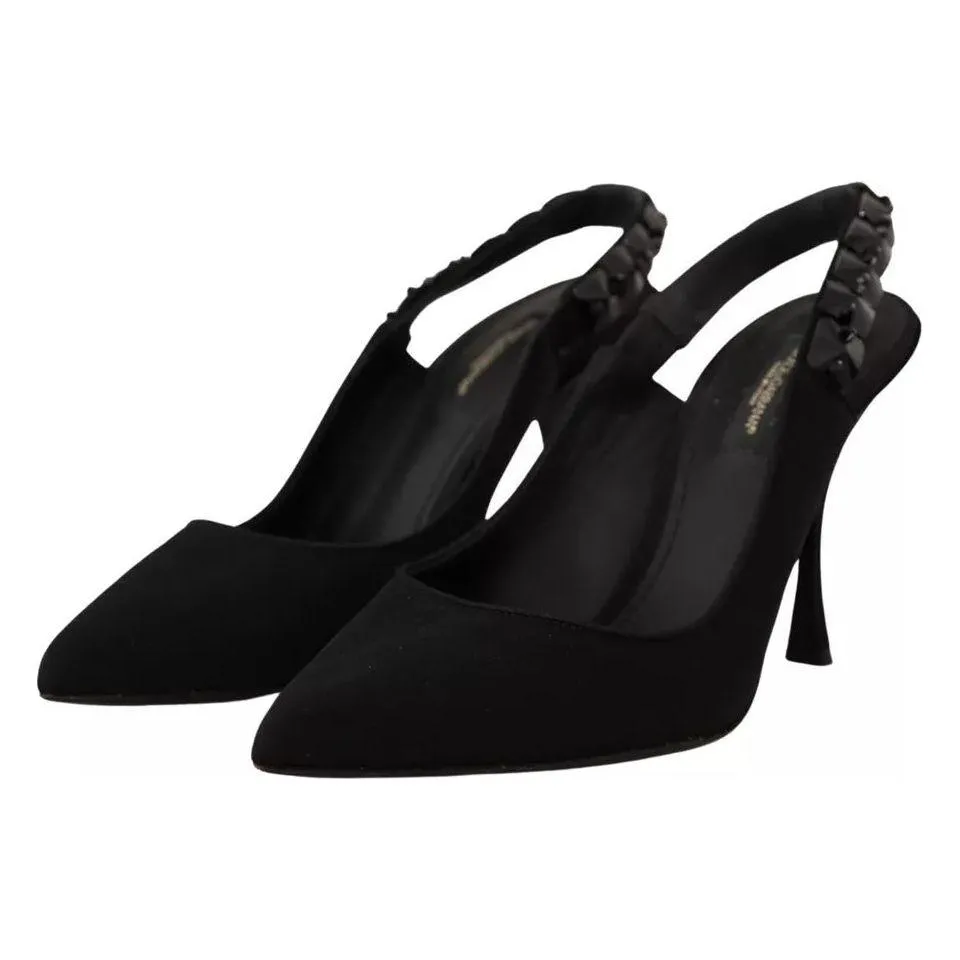 Dolce & Gabbana Black Embellished Heels Slingback Charmeuse Shoes