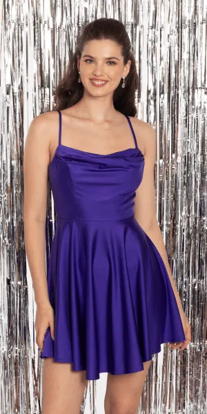 Drape Neck Satin Skater Dress with Sheer Back Panels