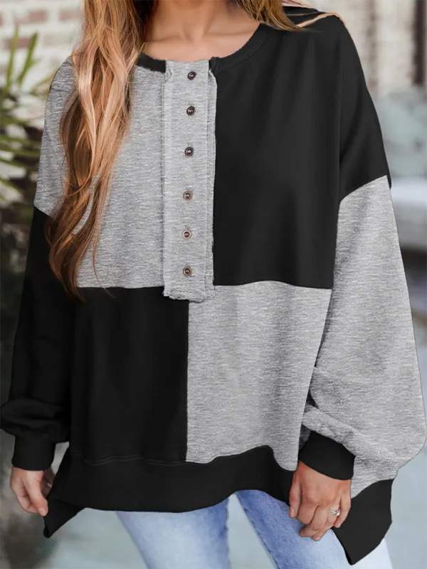 High-Low Seam Color Block Front Button Sweatshirt