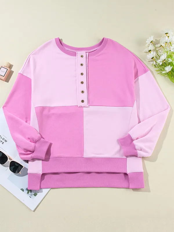 High-Low Seam Color Block Front Button Sweatshirt