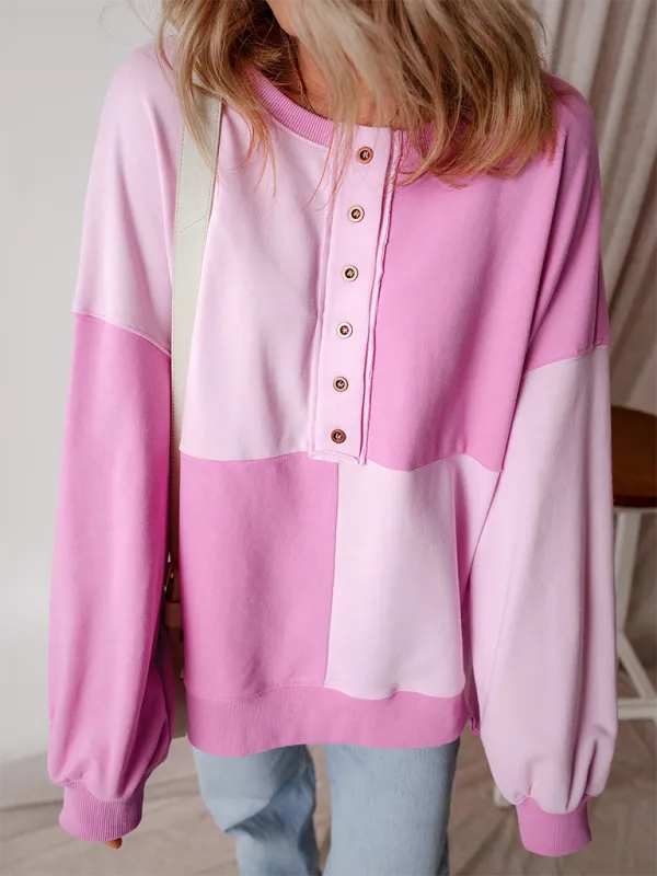 High-Low Seam Color Block Front Button Sweatshirt