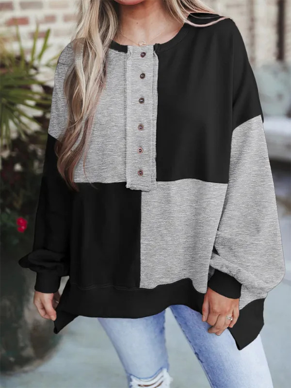 High-Low Seam Color Block Front Button Sweatshirt