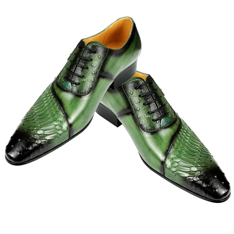 Hnzxzm Luxury Men Oxford Shoes British Carved Fashion Dress Leather Shoes  Pointed Shoes Trendy Lace-up Green Black Formal Shoes Men