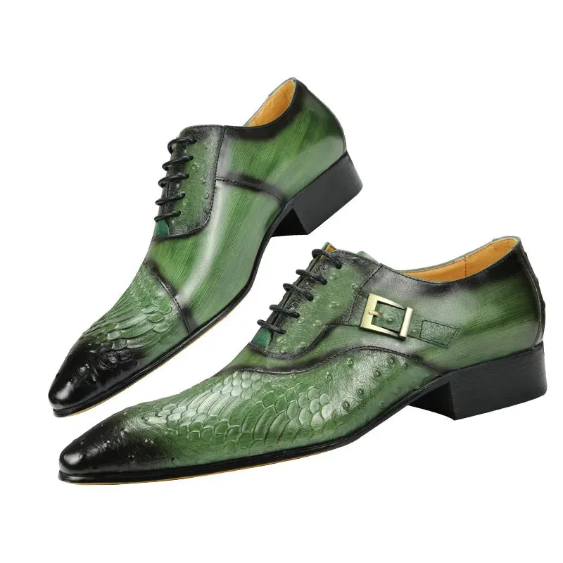 Hnzxzm Luxury Men Oxford Shoes British Carved Fashion Dress Leather Shoes  Pointed Shoes Trendy Lace-up Green Black Formal Shoes Men