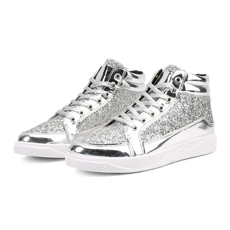 Hot Fashion Golden Shiny Mirrors Mens Shoes Casual Club Bar Glitter Streetwear Hip hop High top Men Sneakers zapatos de hombre