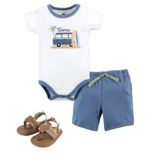 Hudson Baby Cotton Bodysuit, Shorts and Shoe Set, Gone Surfing