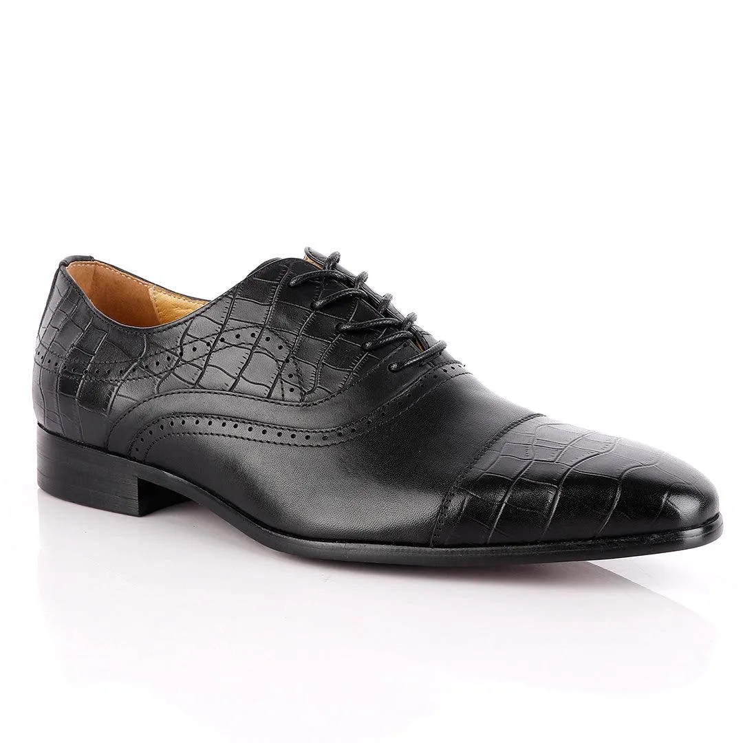 John Foster Oxford Wingtip Croc Laceup Black Leather Shoes