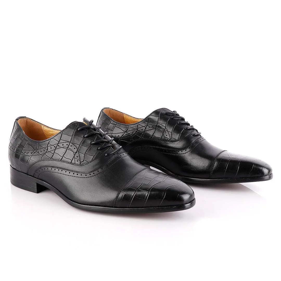 John Foster Oxford Wingtip Croc Laceup Black Leather Shoes