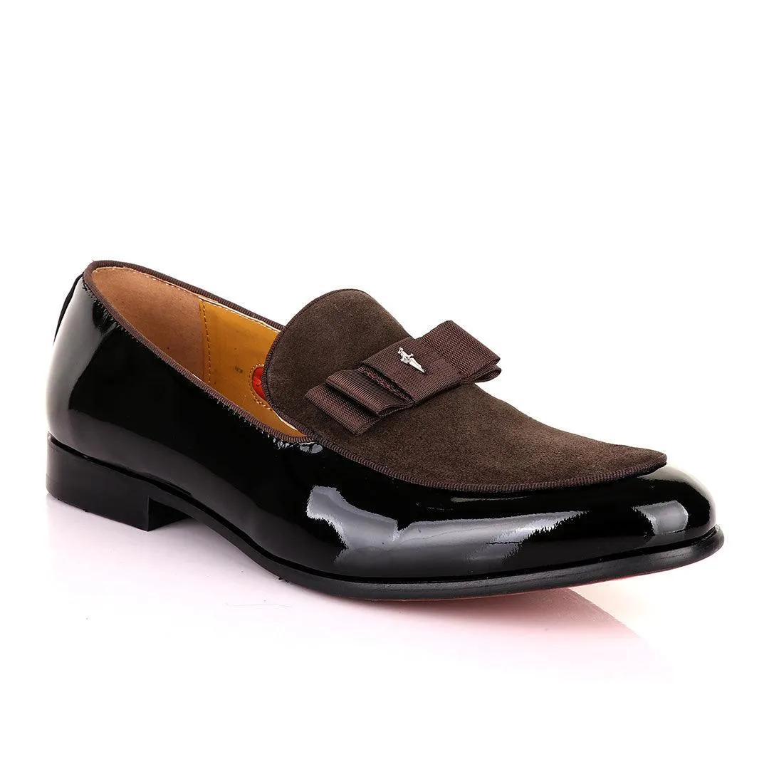 John Mendson Black Patent Bow With Coffee Suede Loafers Shoe