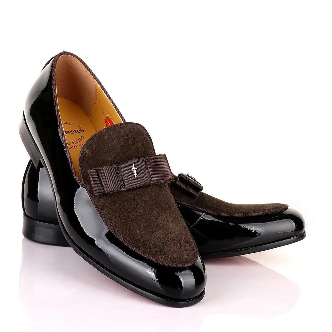 John Mendson Black Patent Bow With Coffee Suede Loafers Shoe