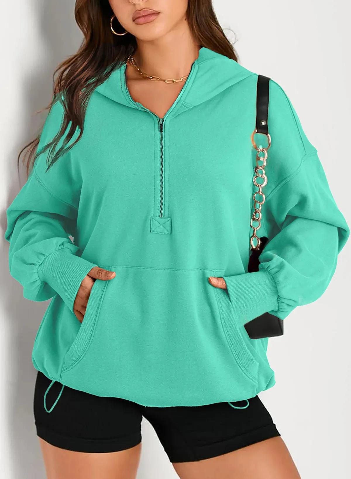 Kangaroo Pouch Half Zip up Women Hoodie