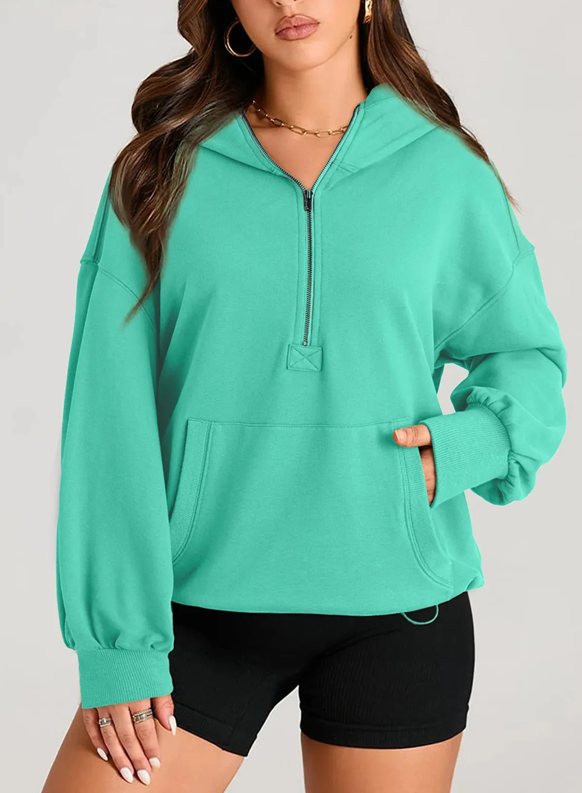 Kangaroo Pouch Half Zip up Women Hoodie