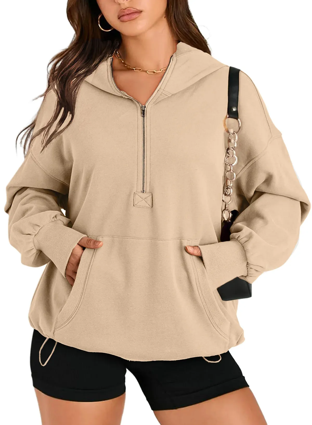 Kangaroo Pouch Half Zip up Women Hoodie