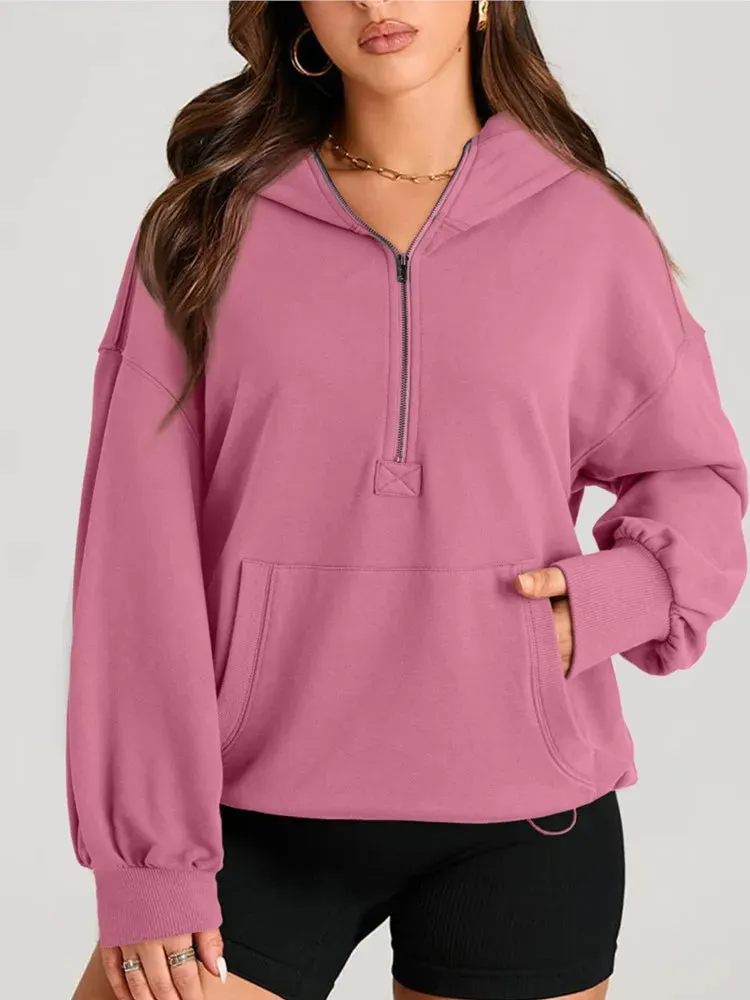 Kangaroo Pouch Half Zip up Women Hoodie