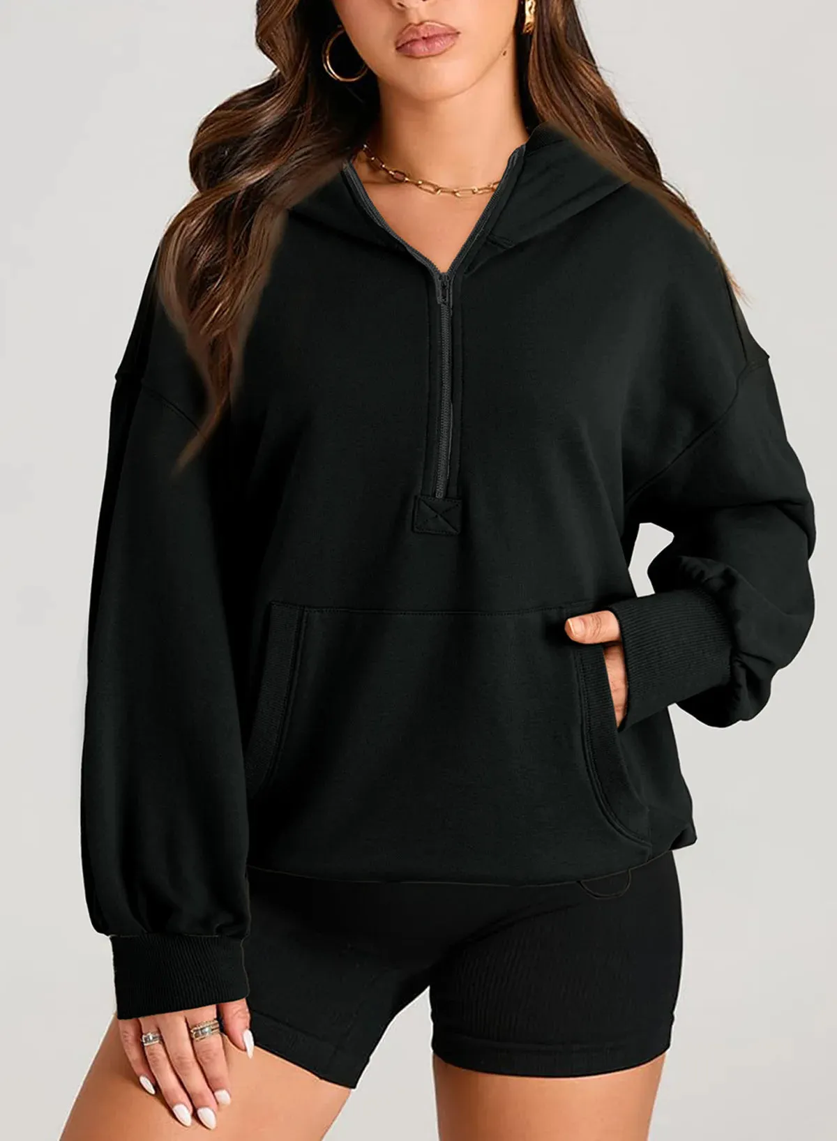 Kangaroo Pouch Half Zip up Women Hoodie