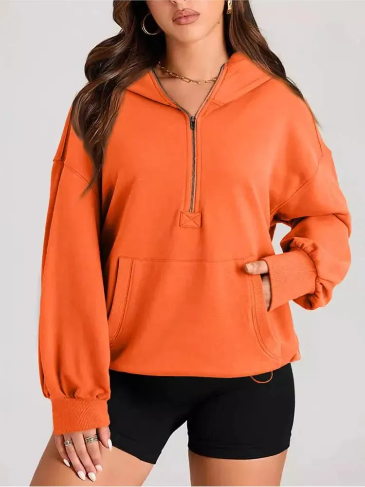 Kangaroo Pouch Half Zip up Women Hoodie