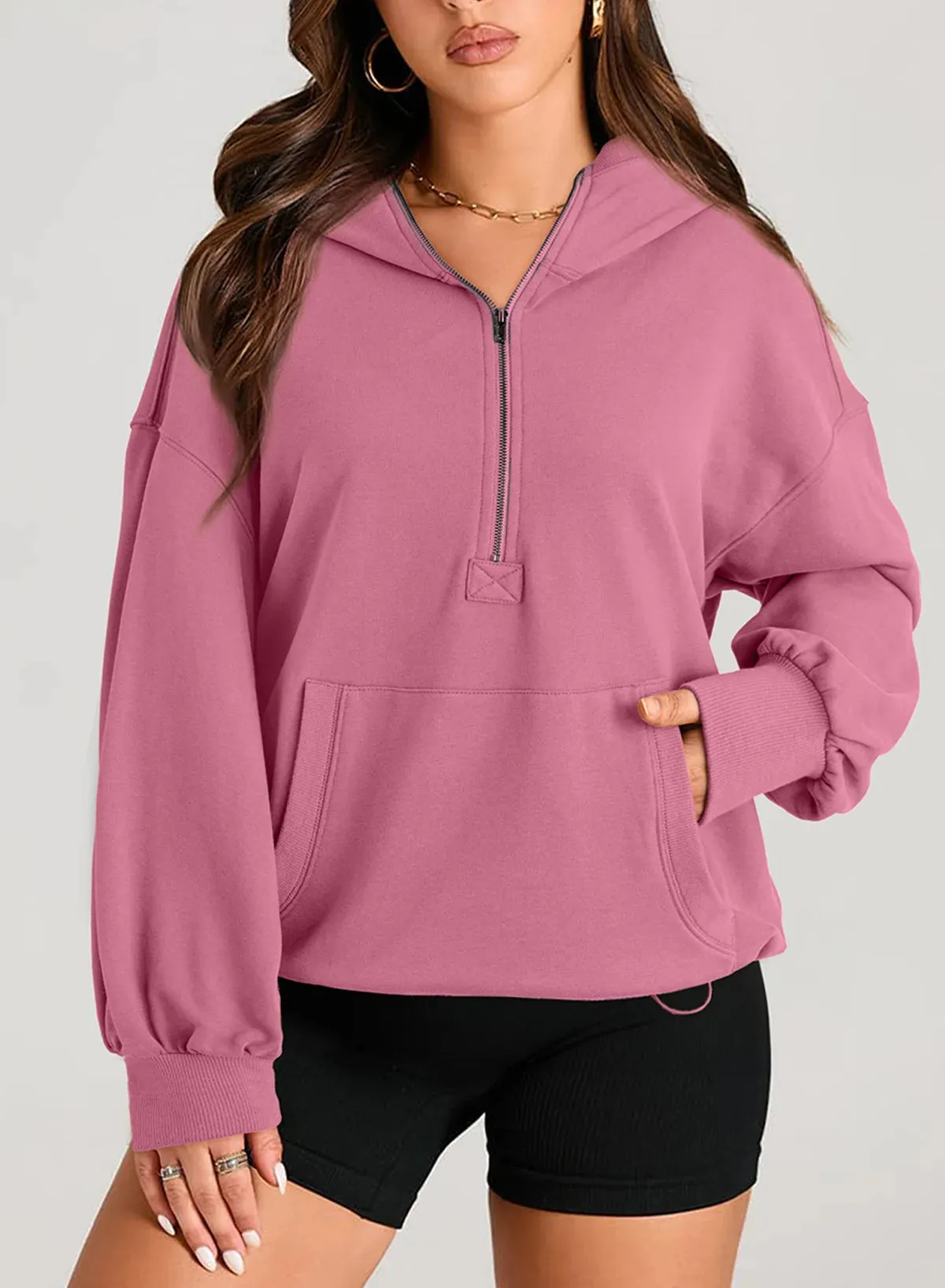 Kangaroo Pouch Half Zip up Women Hoodie