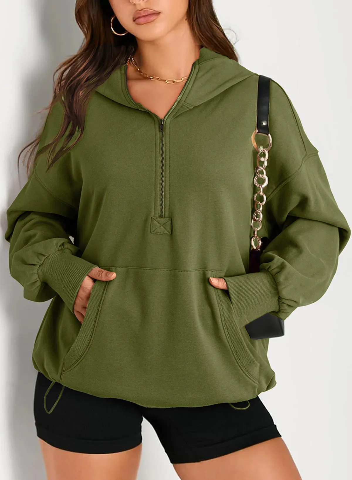 Kangaroo Pouch Half Zip up Women Hoodie