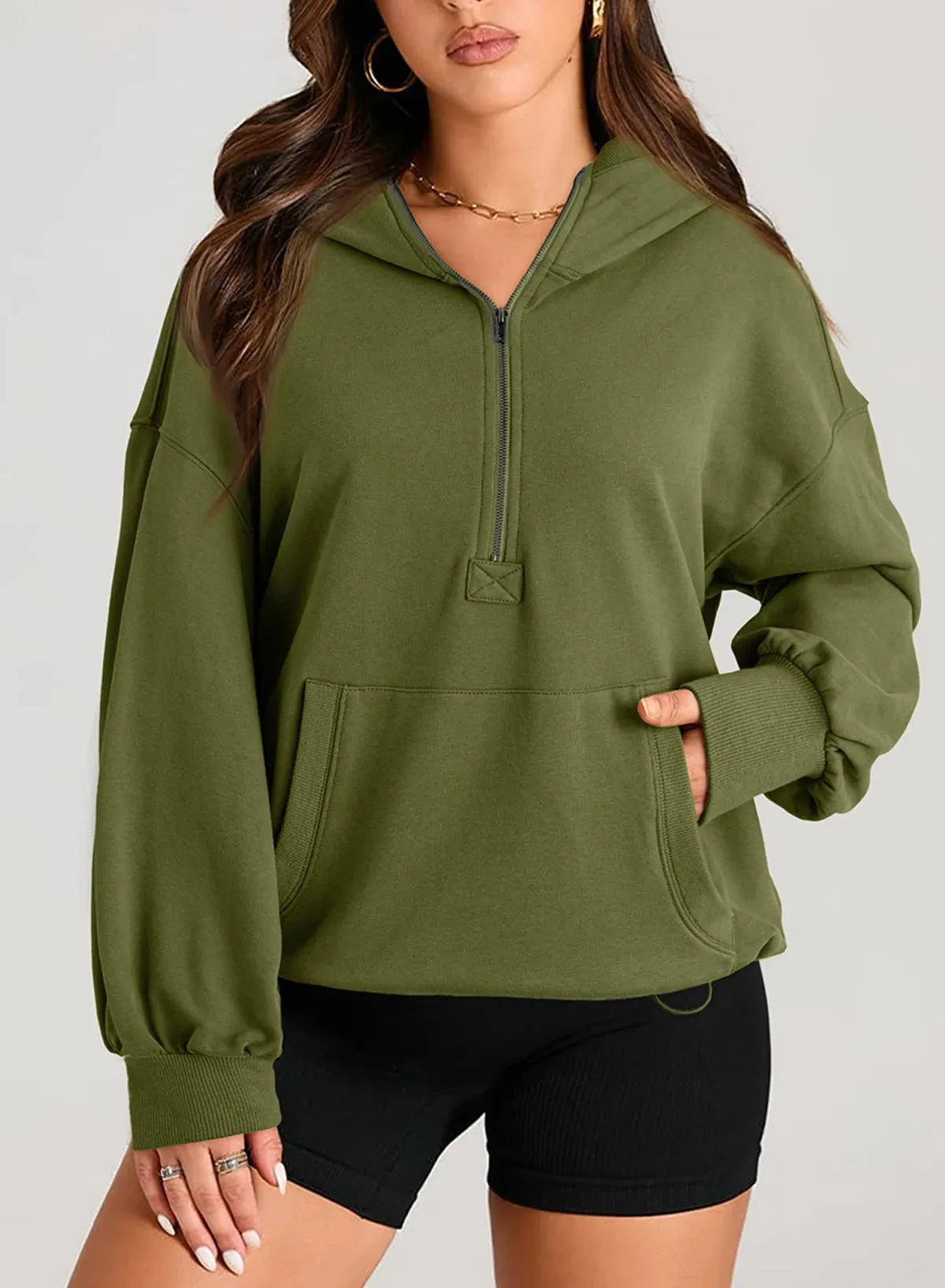 Kangaroo Pouch Half Zip up Women Hoodie