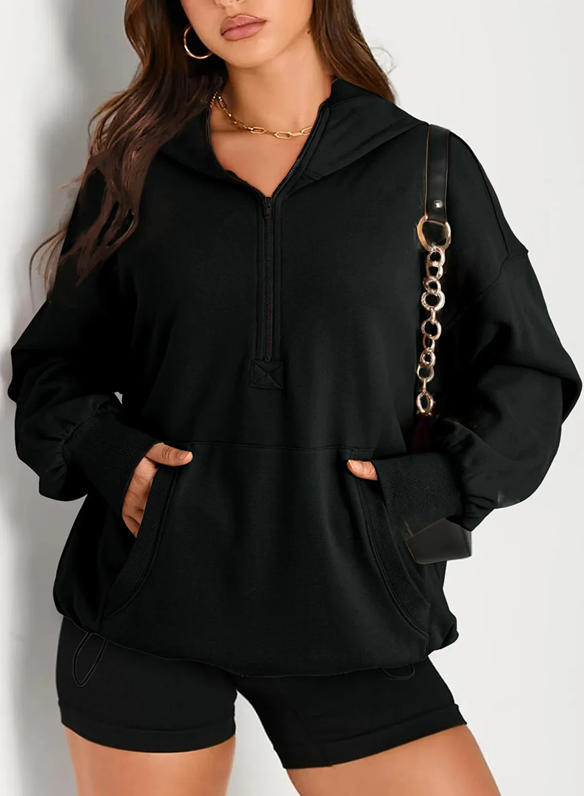 Kangaroo Pouch Half Zip up Women Hoodie