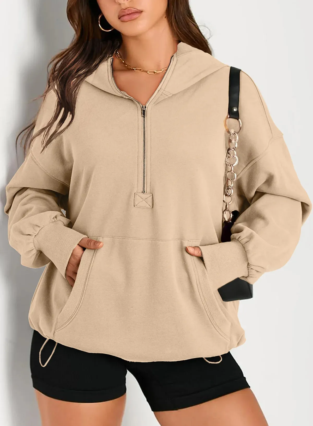 Kangaroo Pouch Half Zip up Women Hoodie