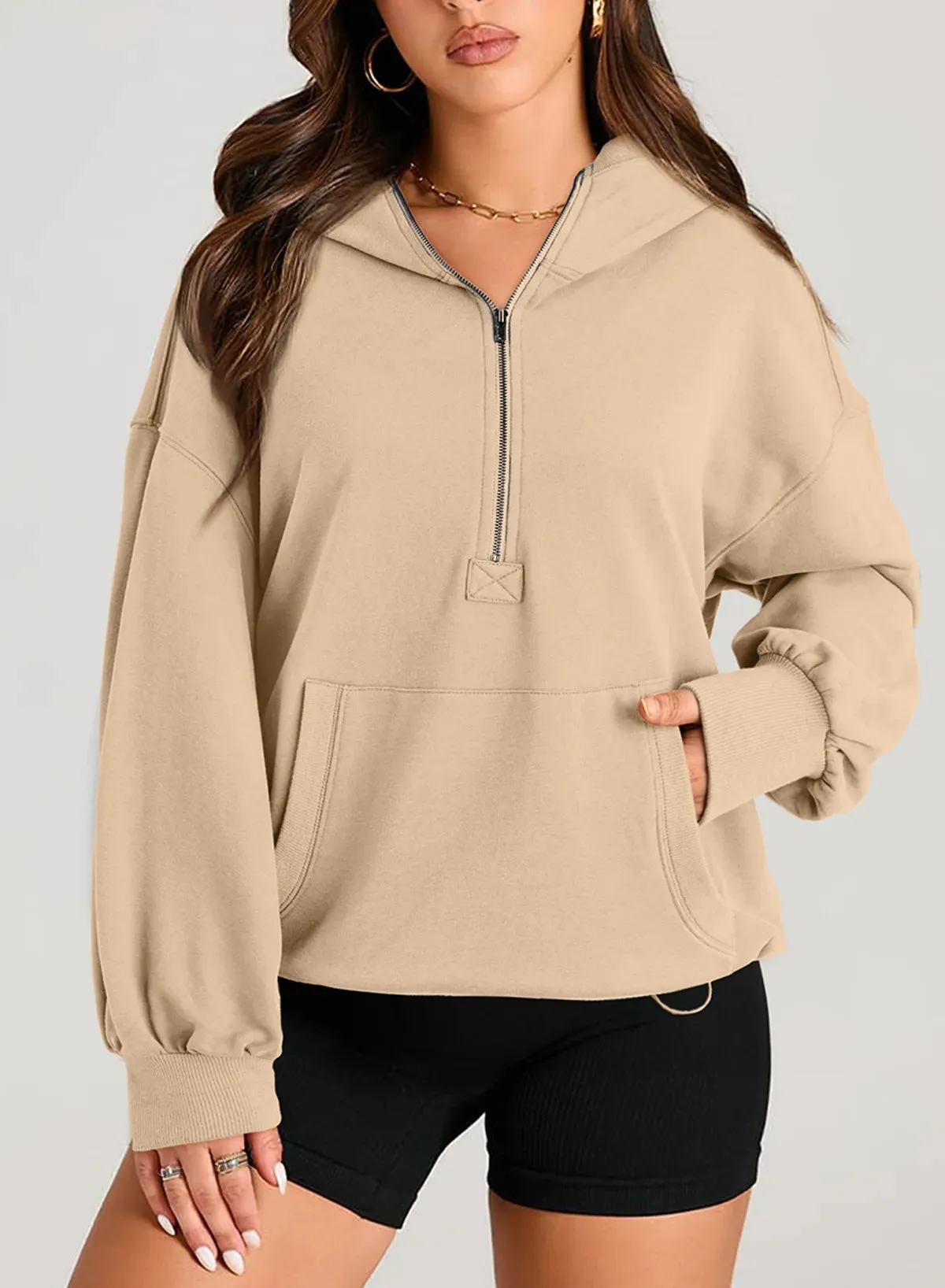 Kangaroo Pouch Half Zip up Women Hoodie