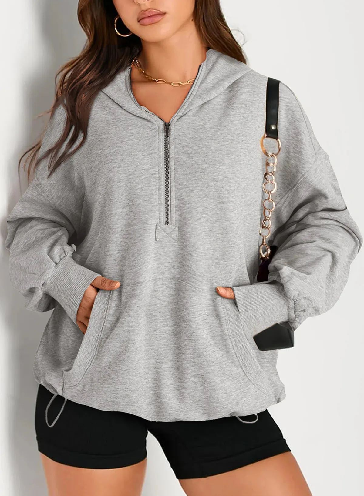 Kangaroo Pouch Half Zip up Women Hoodie