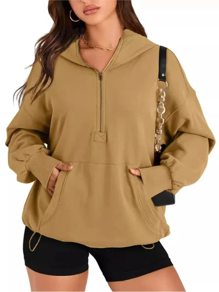 Kangaroo Pouch Half Zip up Women Hoodie