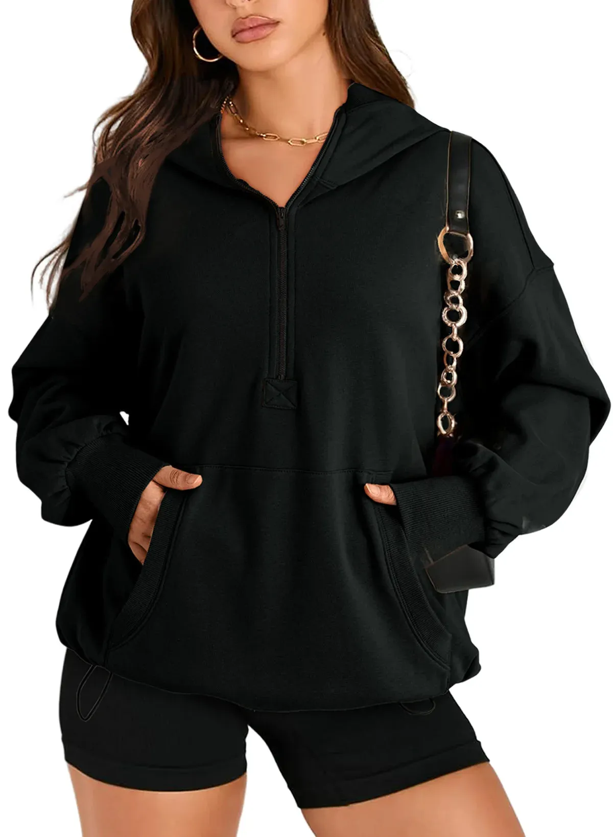 Kangaroo Pouch Half Zip up Women Hoodie