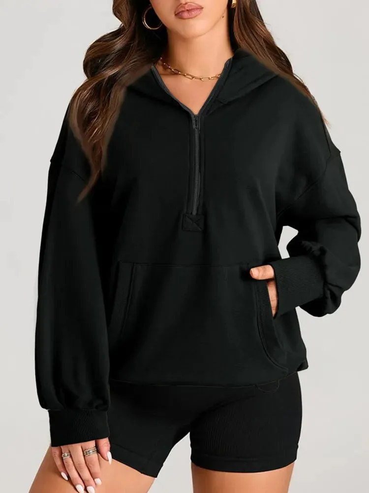 Kangaroo Pouch Half Zip up Women Hoodie