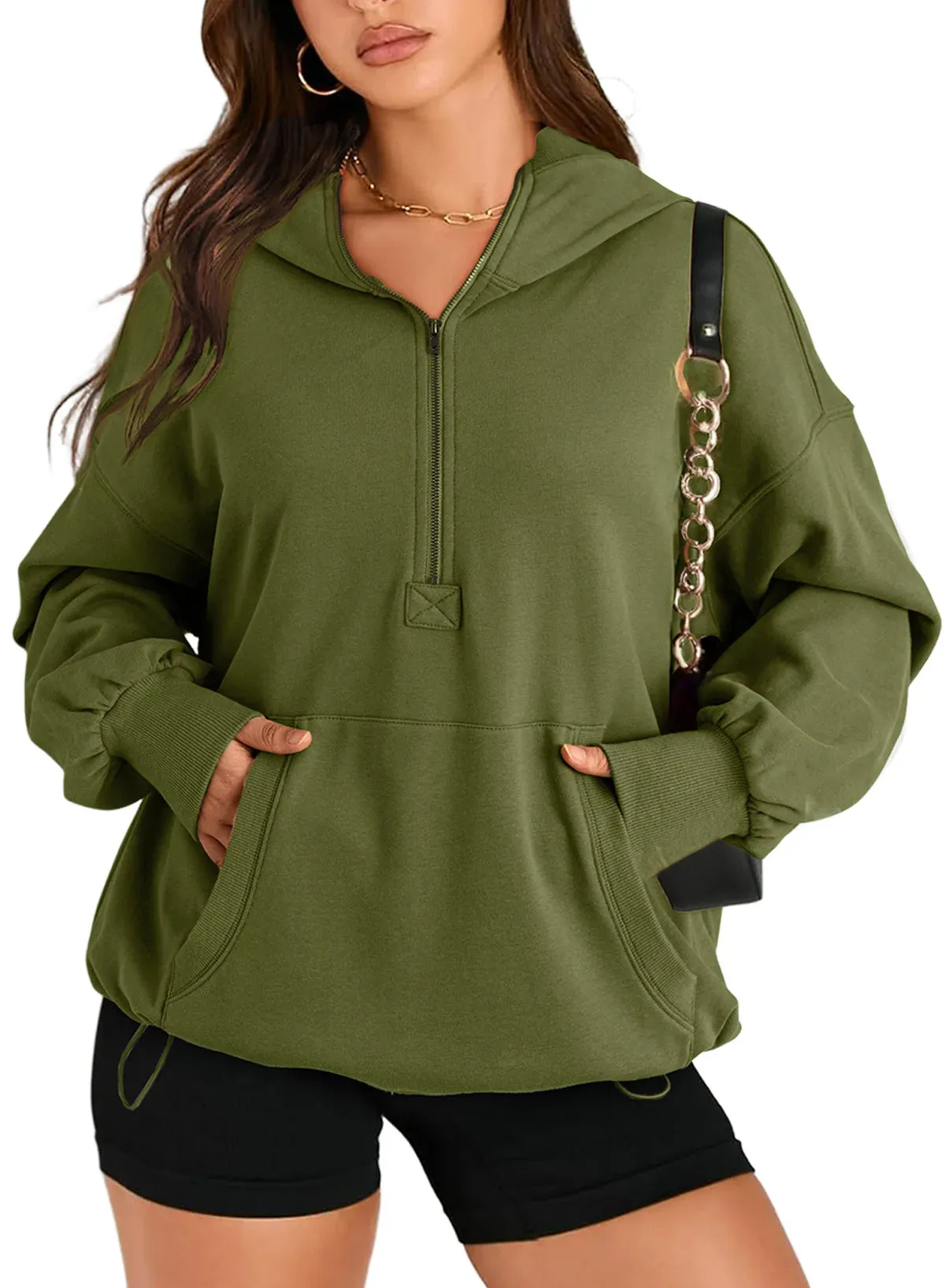 Kangaroo Pouch Half Zip up Women Hoodie