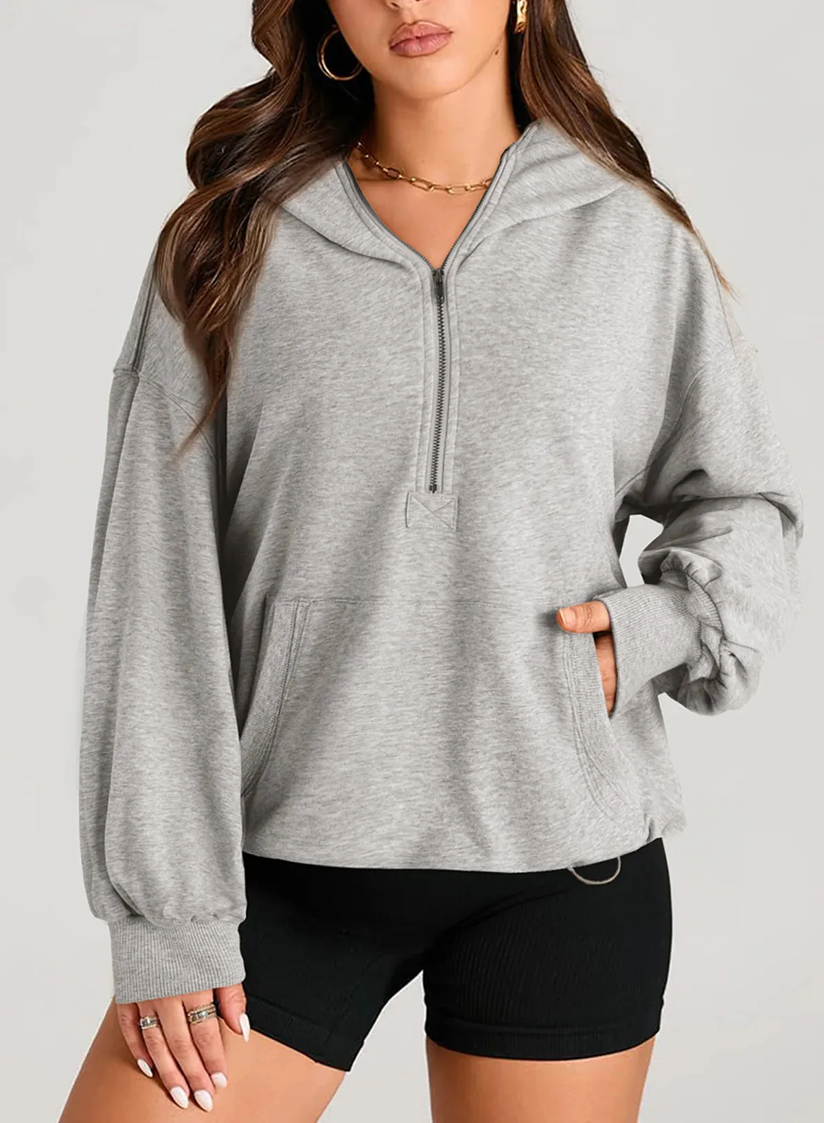 Kangaroo Pouch Half Zip up Women Hoodie