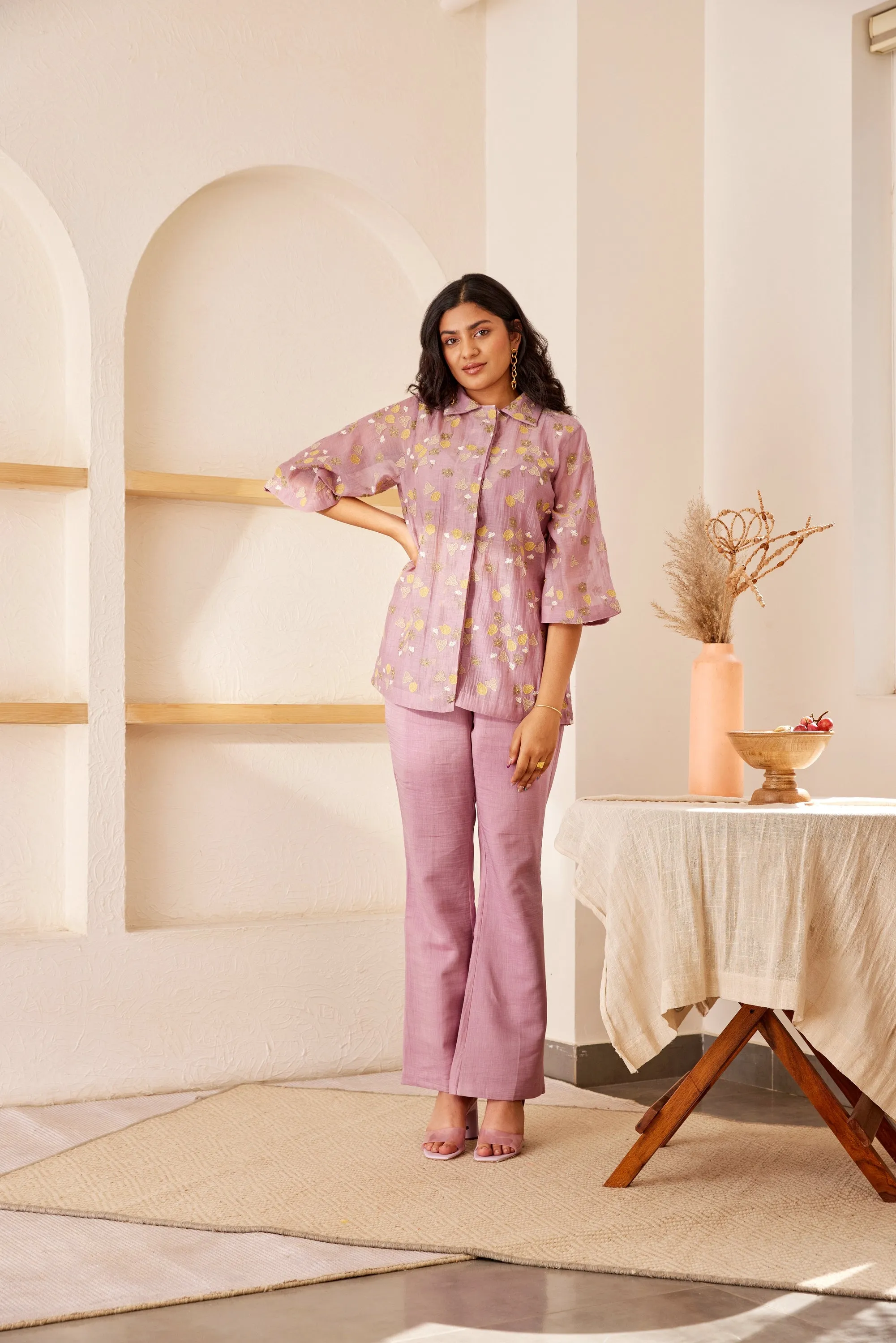 Lavender chanderi silk hand embroidered shirt and kurta set for mother and boy