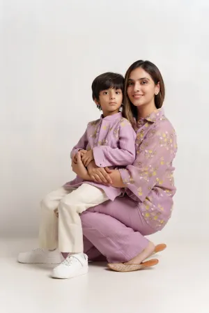 Lavender chanderi silk hand embroidered shirt and kurta set for mother and boy